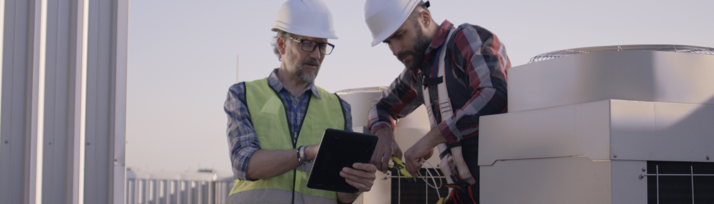 Two men wearing safety vests and white hard hats staring at an ipad screen, while standing on the roof of a building next to an hvac unit.
